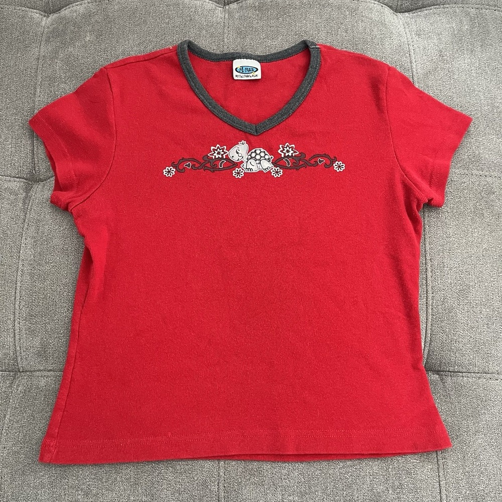 Vintage M-Fasis Cute Flowered Turtle Baby Tee Womens size Small Red Y2K